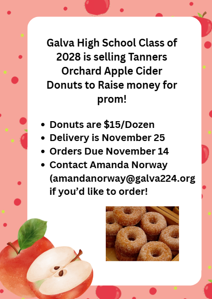 Galva High School Class of 2028 is selling Tanners orchard donuts. $15/dozen