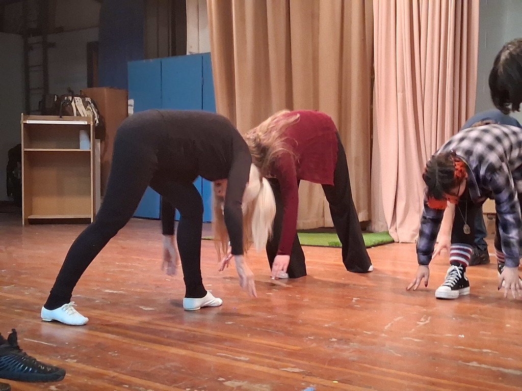 Galva actors participate in a mime workshop with T. Daniel and Laurie Willets.