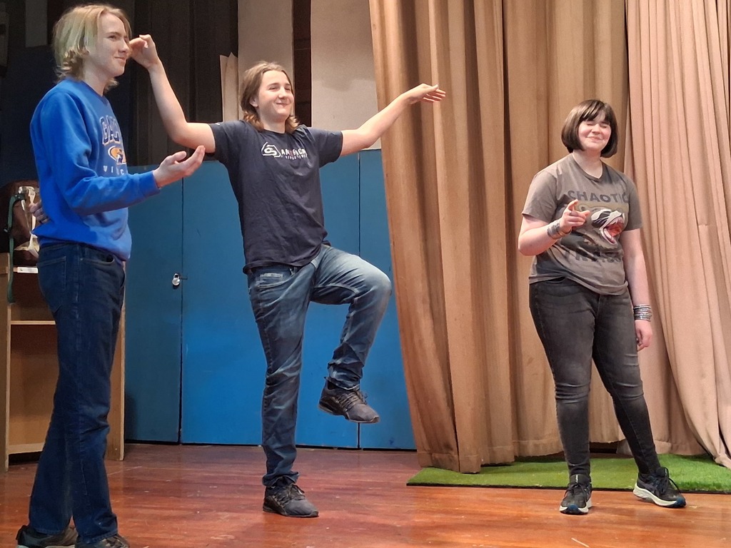 Galva actors participate in a mime workshop with T. Daniel and Laurie Willets.