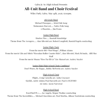 Copy of the program for the band and choir concert