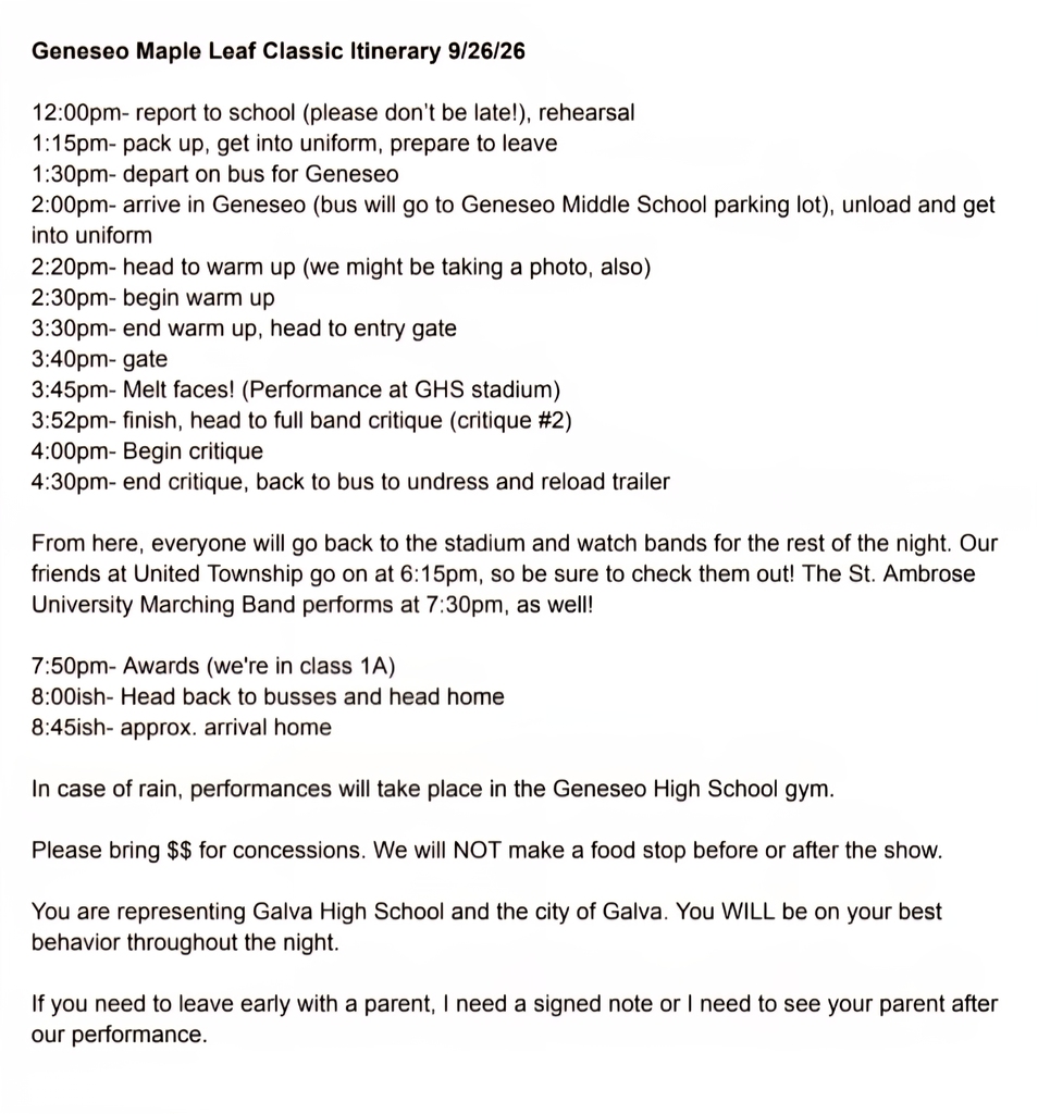 itinerary for the marching band at the Geneseo competition
