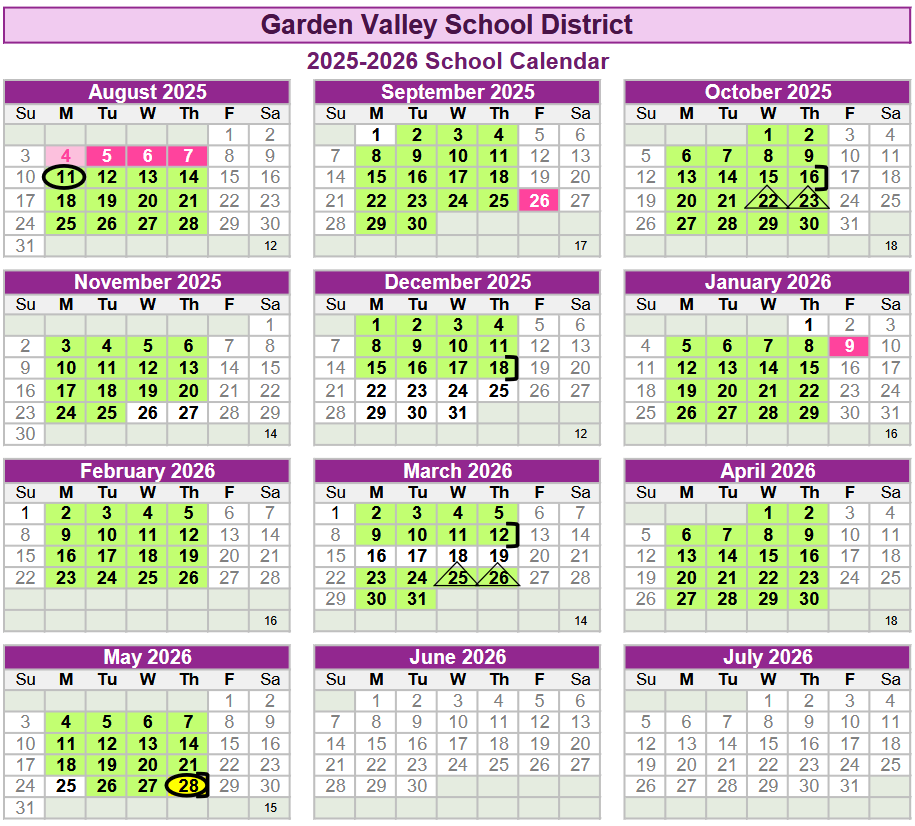 The 2025-26 Garden Valley School District calendar has been approved. | Garden Valley School District