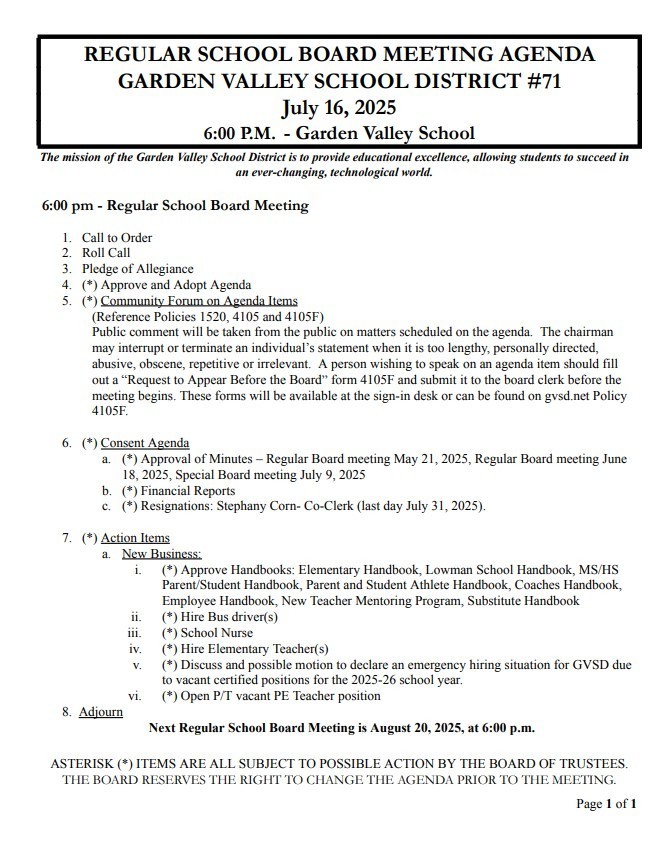 School Board Meeting Agenda_July 16 2025