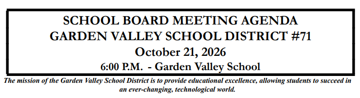 October 21, 2026- Regular School Board meeting
