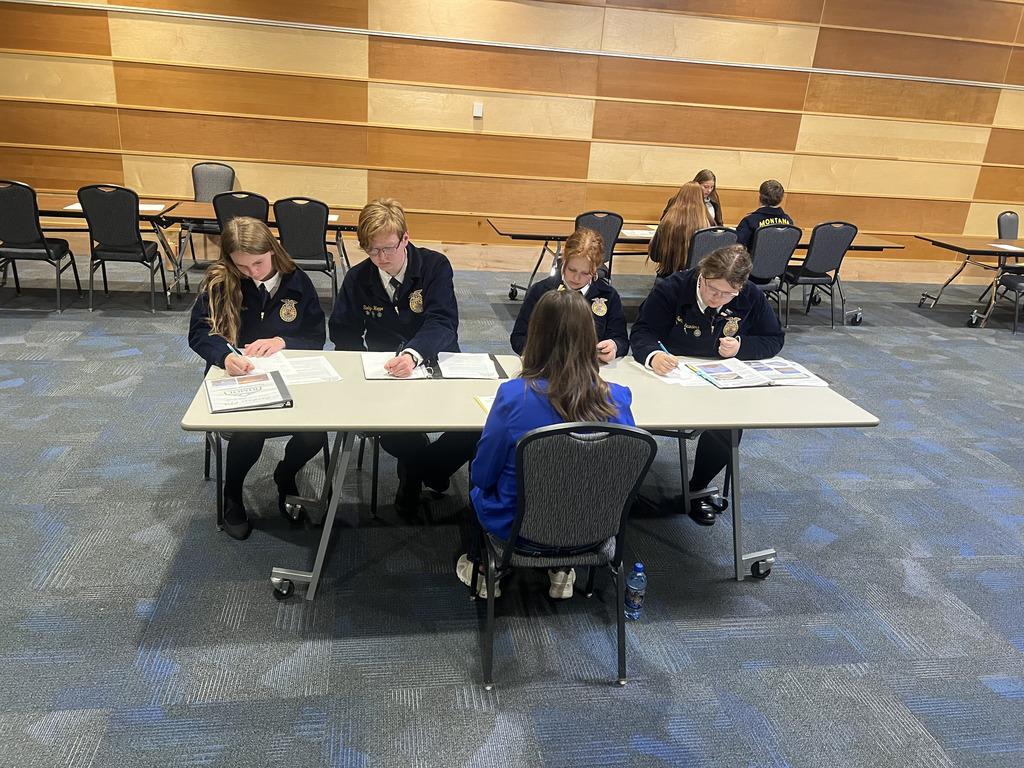 Four FFA members sit at a table across from a judge while competing in the sale contest.
