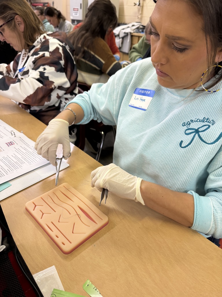 FFA advisor Lori Hoppe practices suturing on an education model, while taking an animal health training.