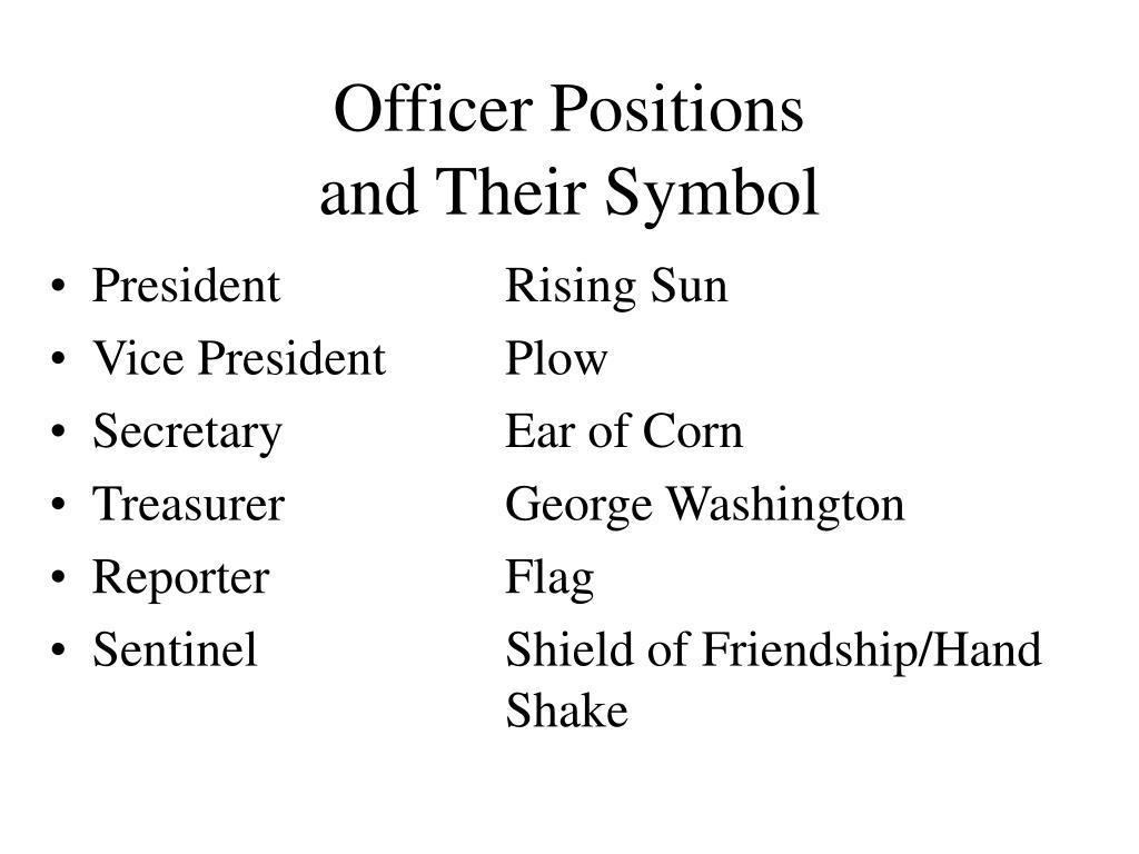 An image listing the six main FFA office positions along with the symbol that is used for each.