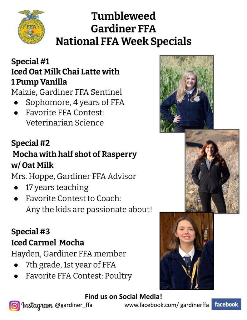 Tumbleweed Coffee Posters featuring three FFA members and their favorite drinks.