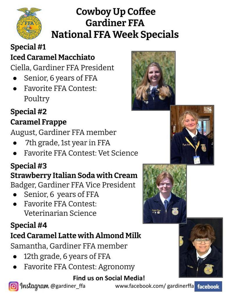 Cowboy Up Coffee Specials Poster featuring four FFA members and their favorit drink.