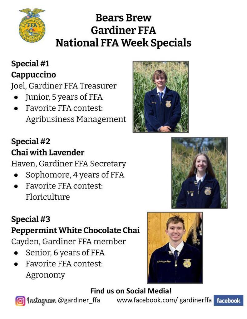 Bears Brew Coffee Posters featuring three FFA members and their favorite drinks.