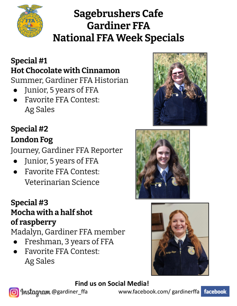 Sagebrushers Cafe Coffee Posters featuring three FFA members and their favorite drinks.