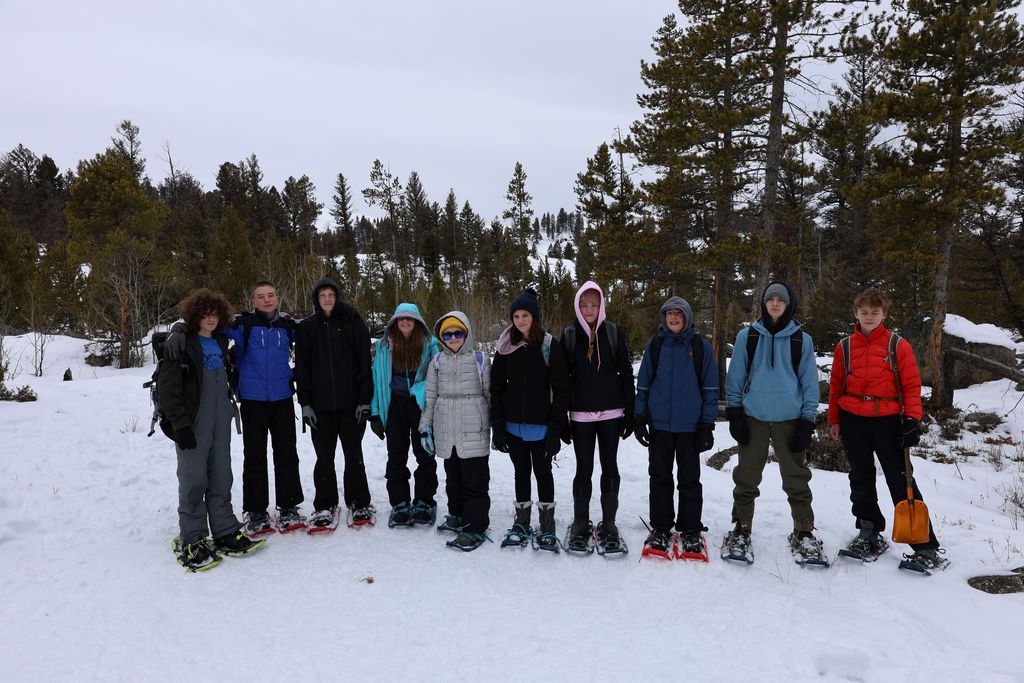 The whole crew ready to snowshoe