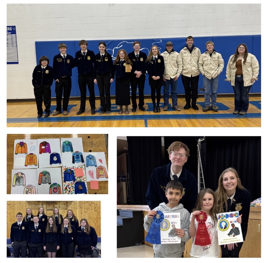 Collage of four images showing FFA members after attending a district competition as well as two members with two elementary students who placed in the coloring contest.