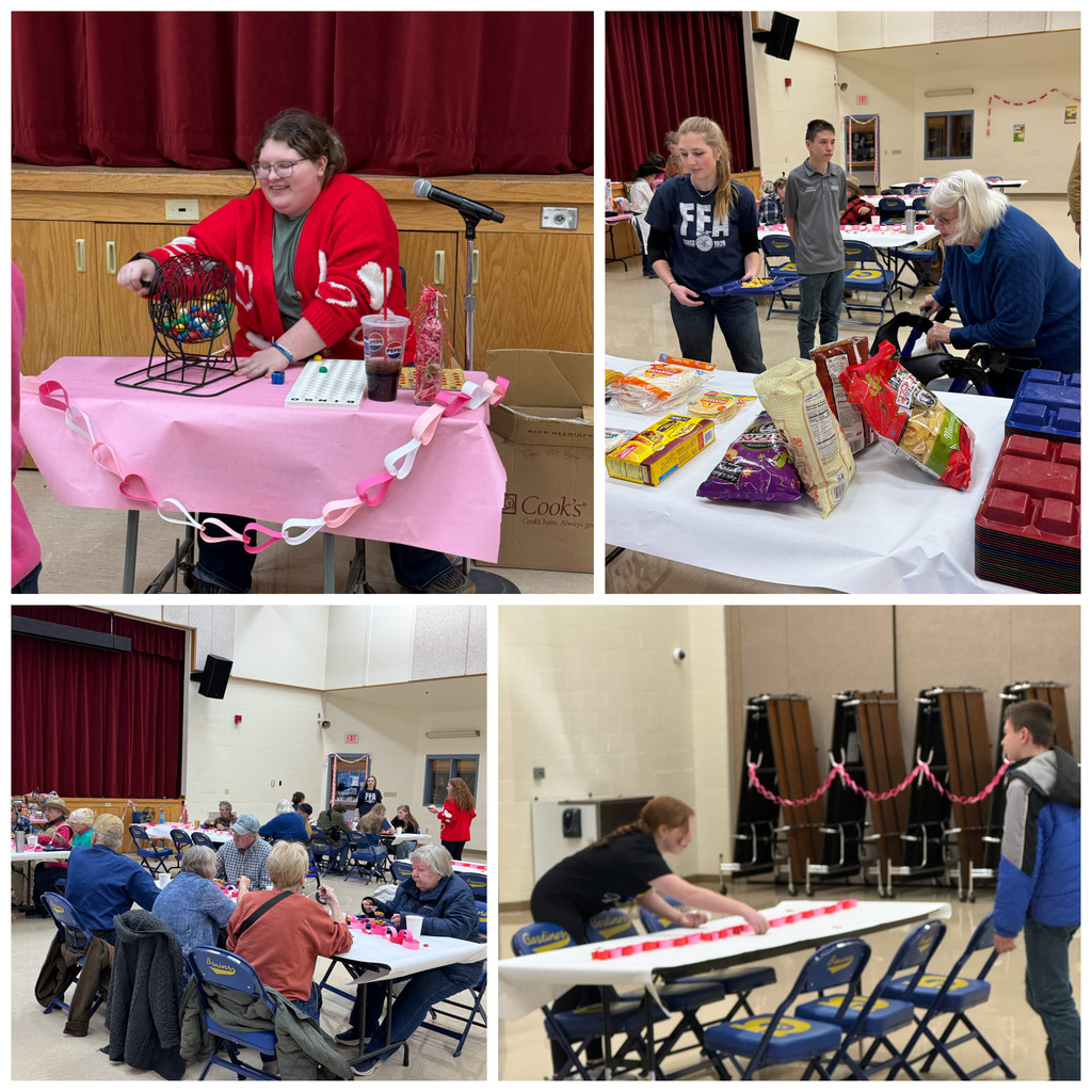 Collage of four photos of FFA members hosting the Senior Citizen Valentine's dinner and bingo