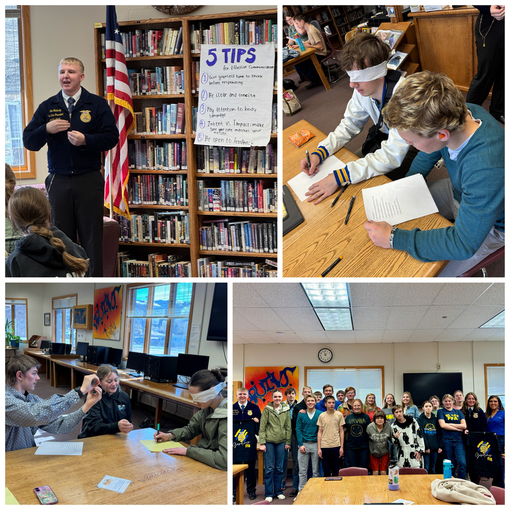 Collage of four photos of FFA members participating in a workshop put on by the Montana FFA State Officers about communication