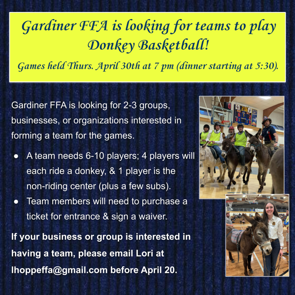 Collage image with information about donkey basketball coming to Gardiner with two images of people playing donkey basketball.