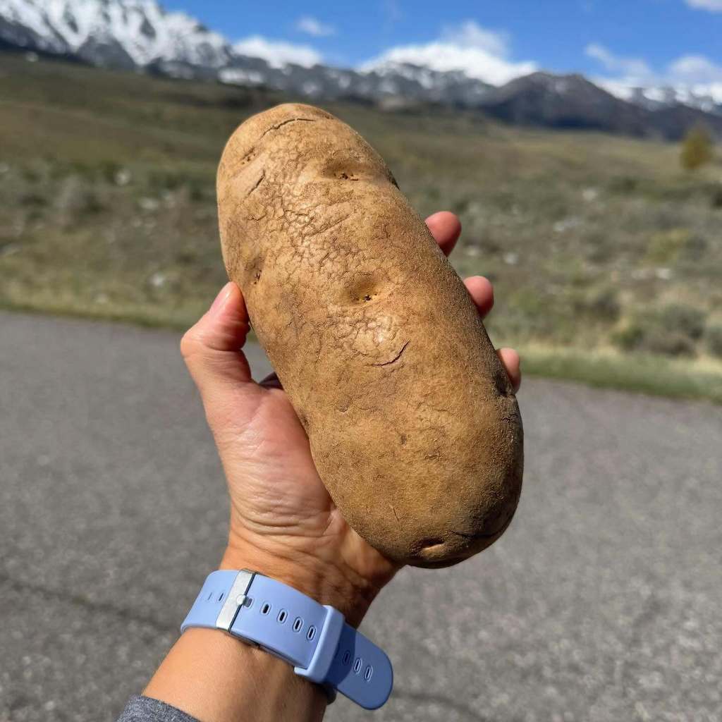 A photo of a hand holding a large Russet potato with blurred out mountains in the background.