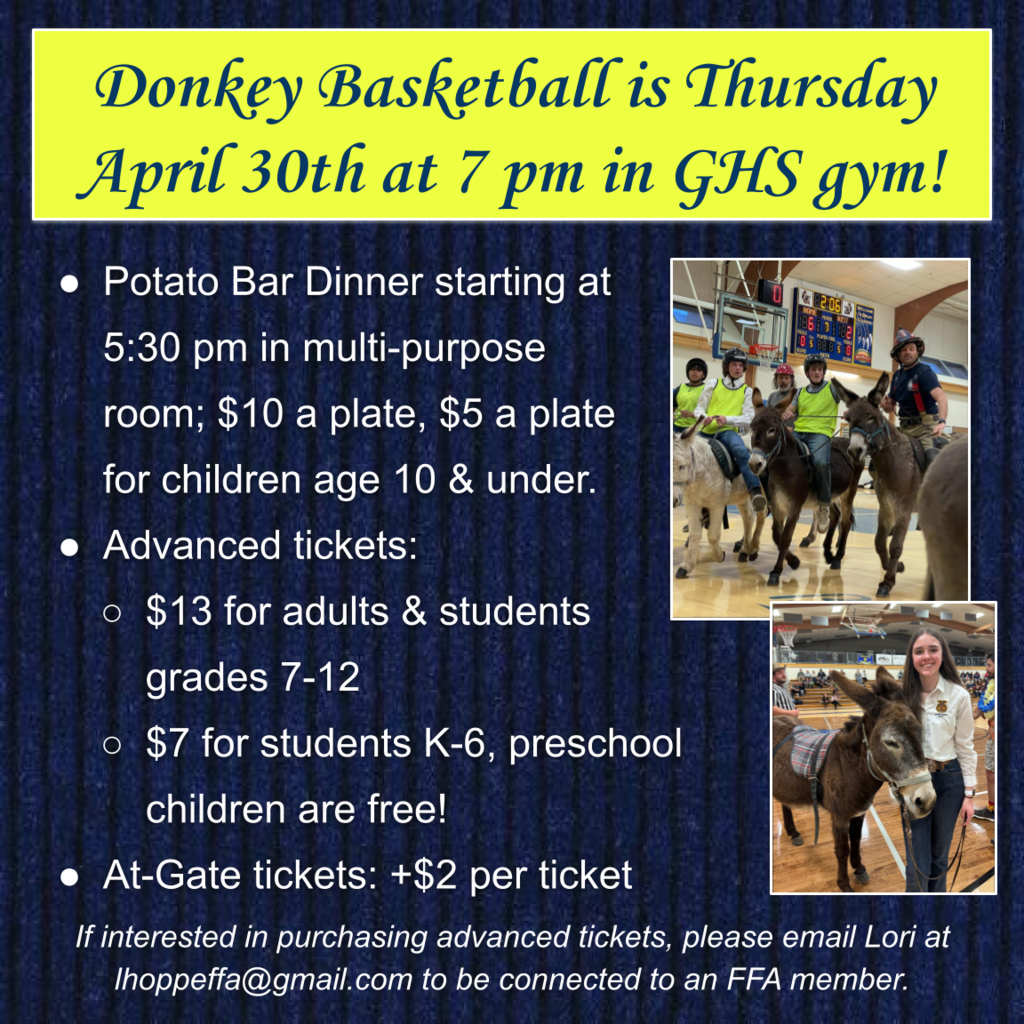 Infographic flyer for the Donkey Basketball games with two pictures in the flyer, showing donkey basketball in action as well as with an FFA member by a donkey.