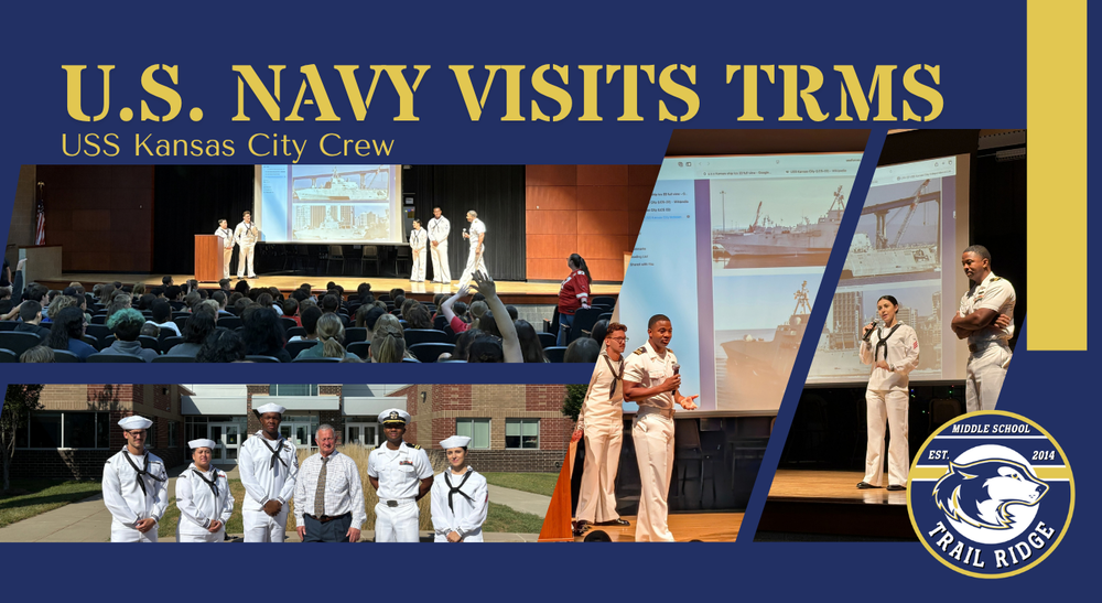 U.S. Navy Visits TRMS - USS Kansas City Crew members of the crew in white dress uniforms speaking to a crowd of students with presentation screen in background