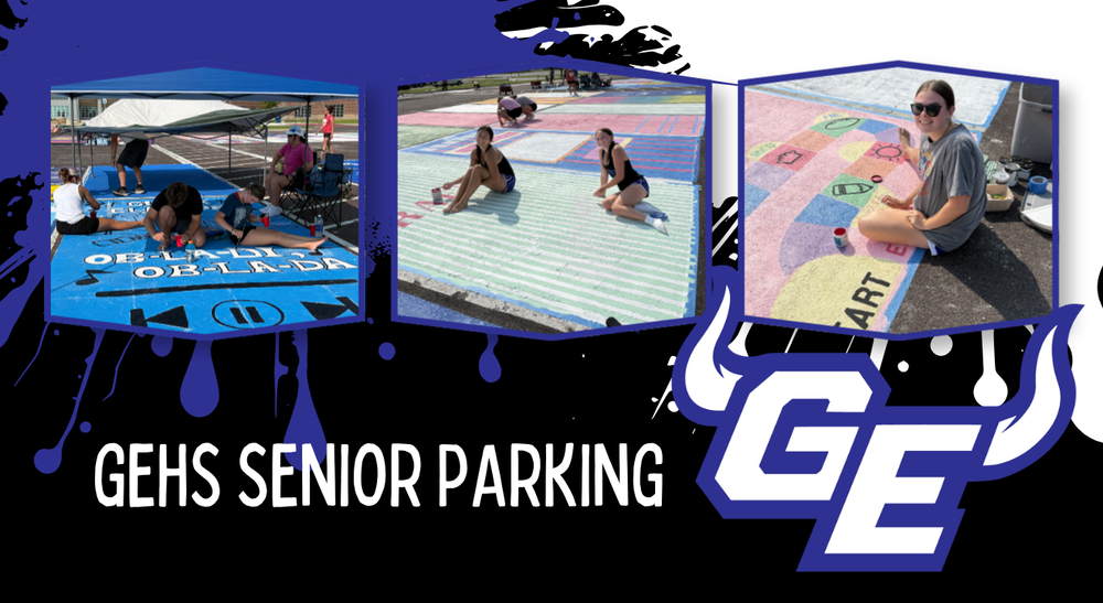GEHS Senior Parking with GE logo - students painting parking spaces with colorful blue, black, green and rainbow shades