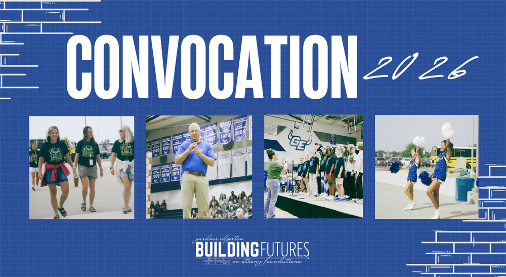 Convocation 2026 blue background and photos of teachers, students and cheerleaders at convocation 2026 blue background
