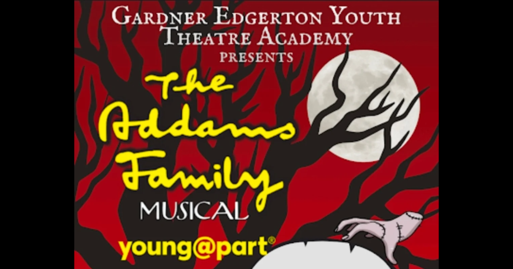 Gardner Edgerton Youth Theatre Academy presents The Addams Family musical young@part red background with black spooky tree and moon