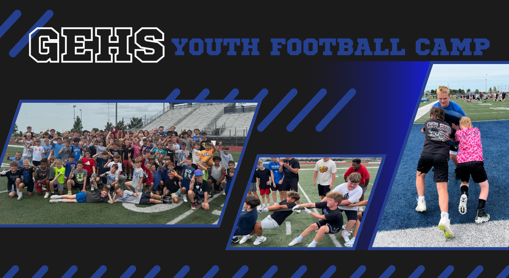 GEHS Youth Football Camp group photo of athletes on the field and workout activities