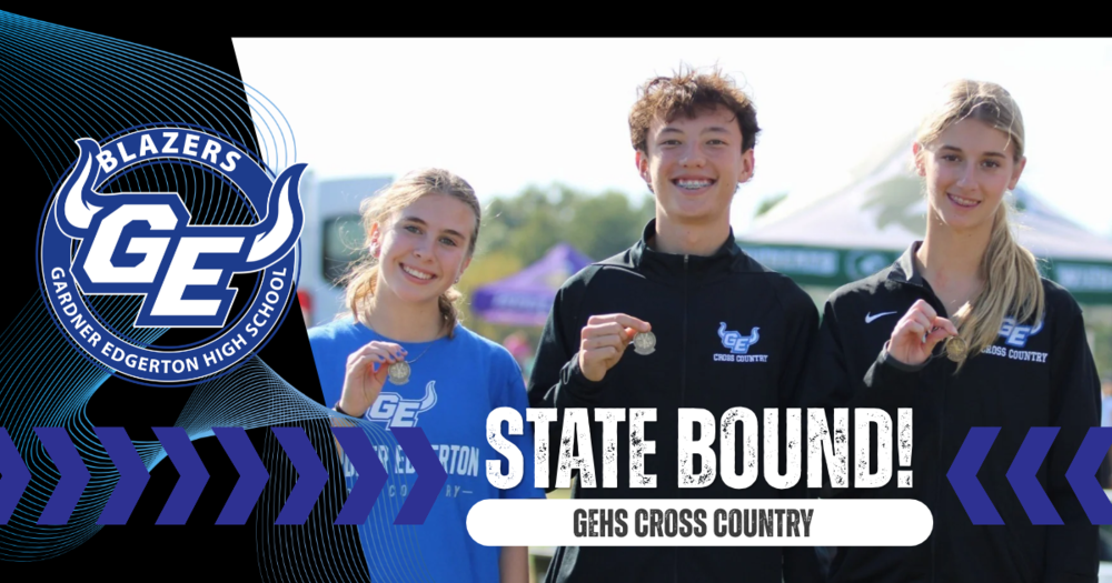 Black background with photo of three smiling students holding medals state bound gehs cross country with GE logo