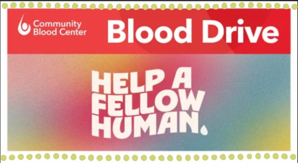 Community Blood Center Blood Drive Help a Fellow Human red banner with a tie dye background