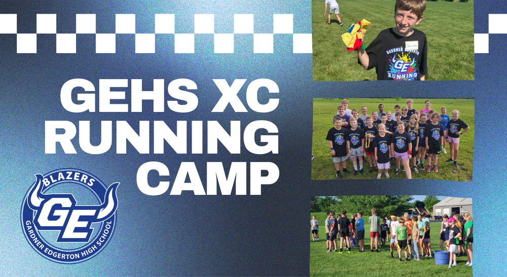 GEHS XC Running Camp with group photo  activity photo and student showing flags