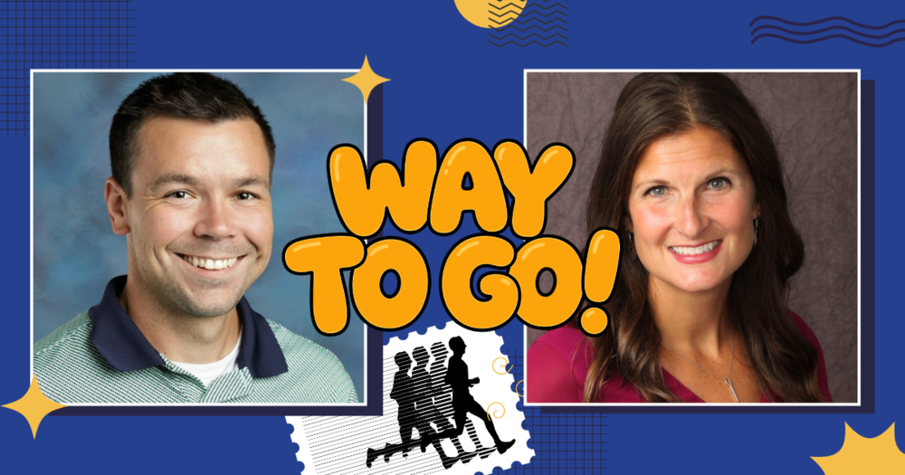 Way to Go blue background with yellow lettering and two photos with smiling individuals