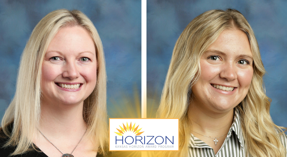 photos of two women Kansas Horizon Award Program on blue background