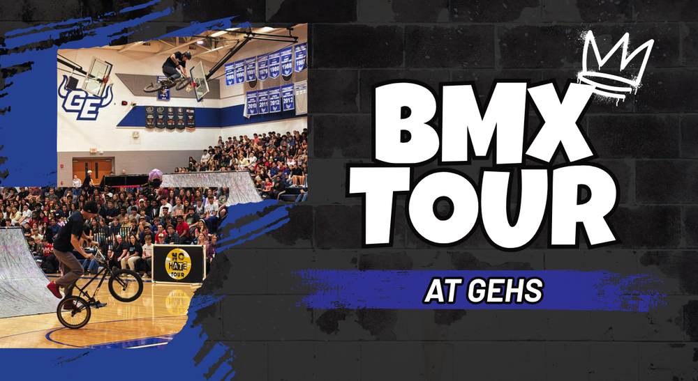 BMX Tour at GEHS black brick background with photos of bicyclists and crowd behind in a gym setting