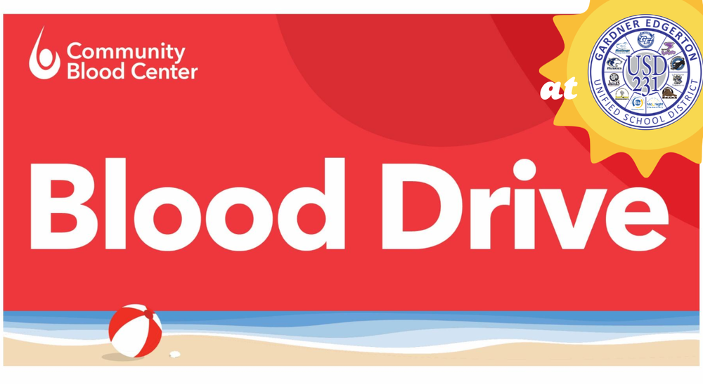 Community Blood Center Blood Drive at USD 231 beach scene with sun and logo