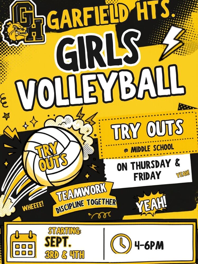 GHMS Girl Vollyball Try outs Sept 3rd and 4th 4-6p,