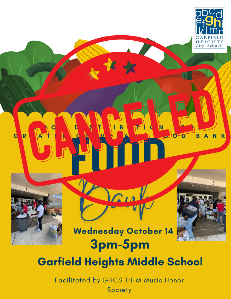 🐾💙💛 **ATTENTION, BULLDOG FAMILIES!** 📢 **FOOD BANK DISTRIBUTION CANCELED** Please be advised that today's **Food Bank Distribution**, scheduled for **Wednesday, October 14, 2026, from 3:00–5:00 p.m. at Garfield Heights Middle School**, has been canceled. Food distribution will resume next month in November. We apologize for any inconvenience and appreciate your understanding. Thank you, Bulldog Families! 💙💛🐾
