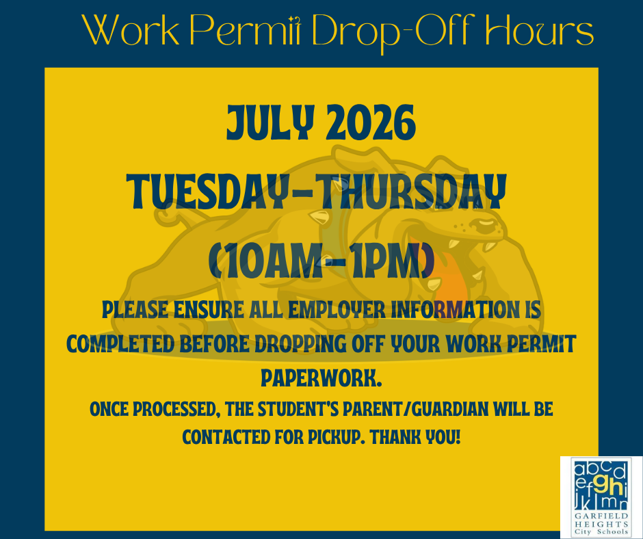 Work Permit Drop-Off Hours July 2026 Tuesday-thursday (10am-1pm) Please ensure all employer information is completed before dropping off your work permit paperwork. Once processed, the student's parent/guardian will be contacted for pickup. Thank you!