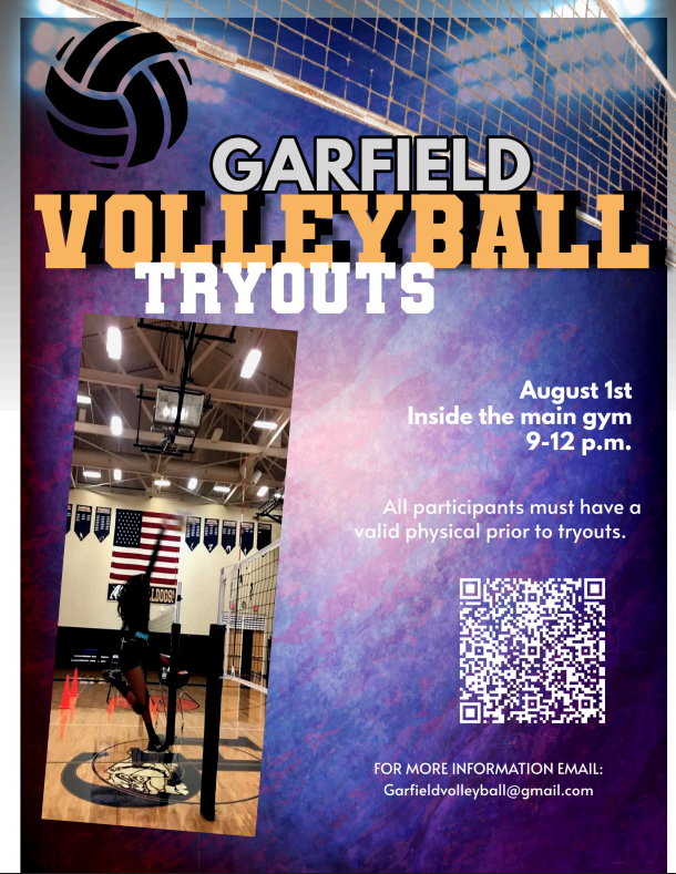 Garfield Heighhts Volleyball Tryouts August 1 inside the main gym 9-12 p.m. All participants must have valid physical prior to tryous for more information email Garfieldvolleyball@gmail.com