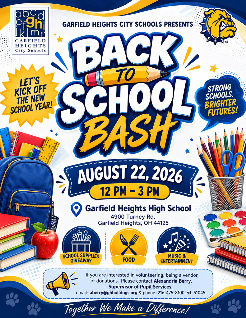 📚🎉 SAVE THE DATE! 🎉📚 Garfield Heights City Schools' Annual Back-to-School Bash is almost here! 🗓 Saturday, August 22 🕛 12:00–3:00 p.m. 📍 Garfield Heights High School Join us for an afternoon of fun as we celebrate the start of a new school year. We can't wait to see our Bulldog families there! 🎒 We're still accepting school supply donations at the Board of Education through August 13. Every donation helps our students start the school year strong! 🐾 See you there, Bulldogs!