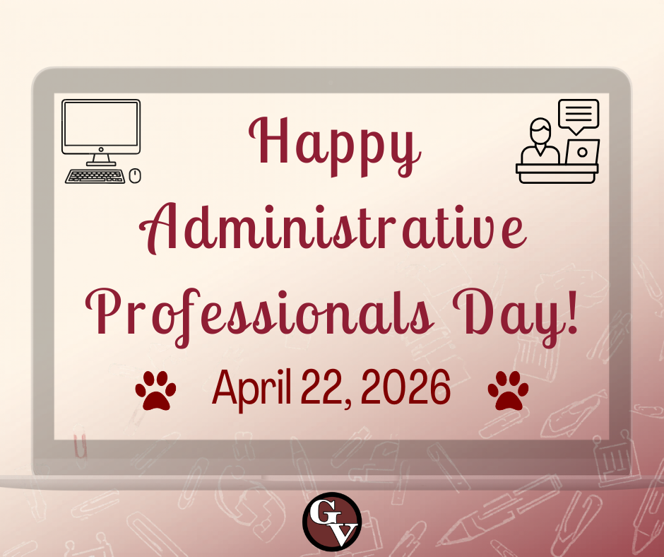 A Picture of the words "Happy Administrative Professions Day" with the date April 22nd, 2026 within a computer screen. There are two garnet paw prints, a computer, and a person sitting at a desk.
