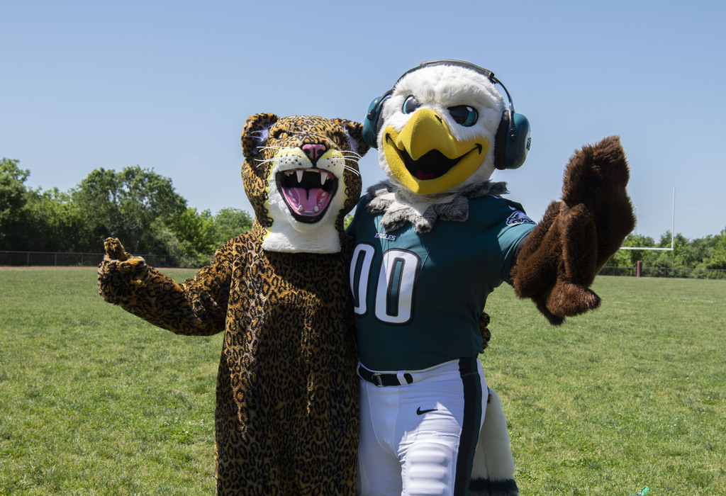 Swoop and Jags mascot pose