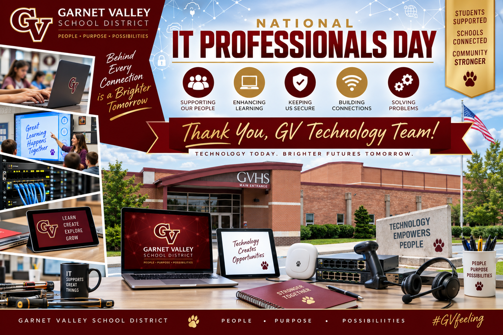 Graphic with the high school in the background. It features laptops, iPads, headphones, network system, people teaching, and notebooks and mugs with GV on them.
