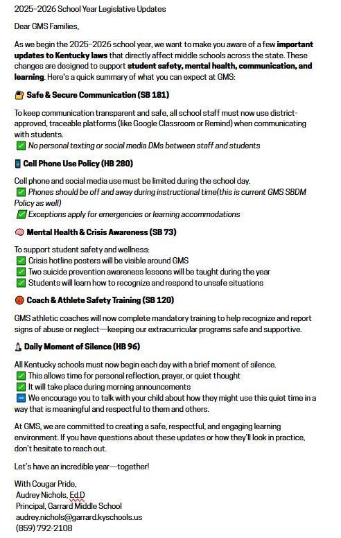 GMS Legislative Update Letter for Families