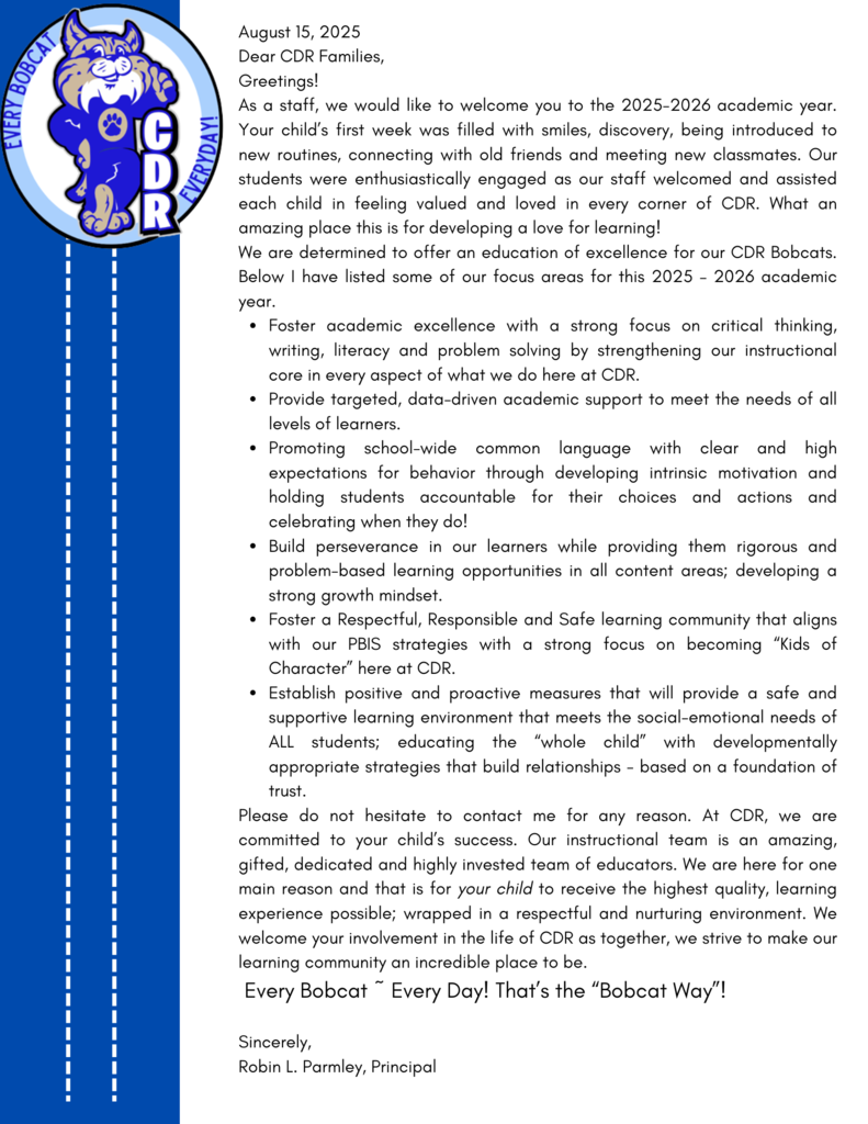 A letter to Bobcat Families from Principal Robin Parmley 