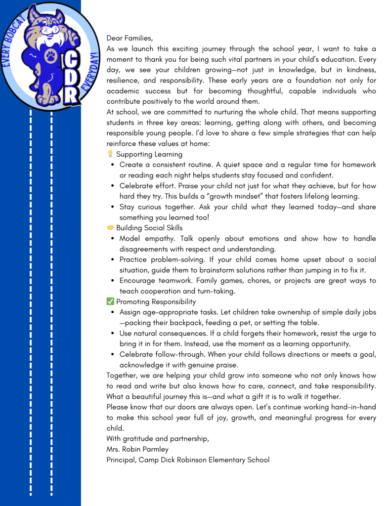A letter to families from Mrs. Parmley