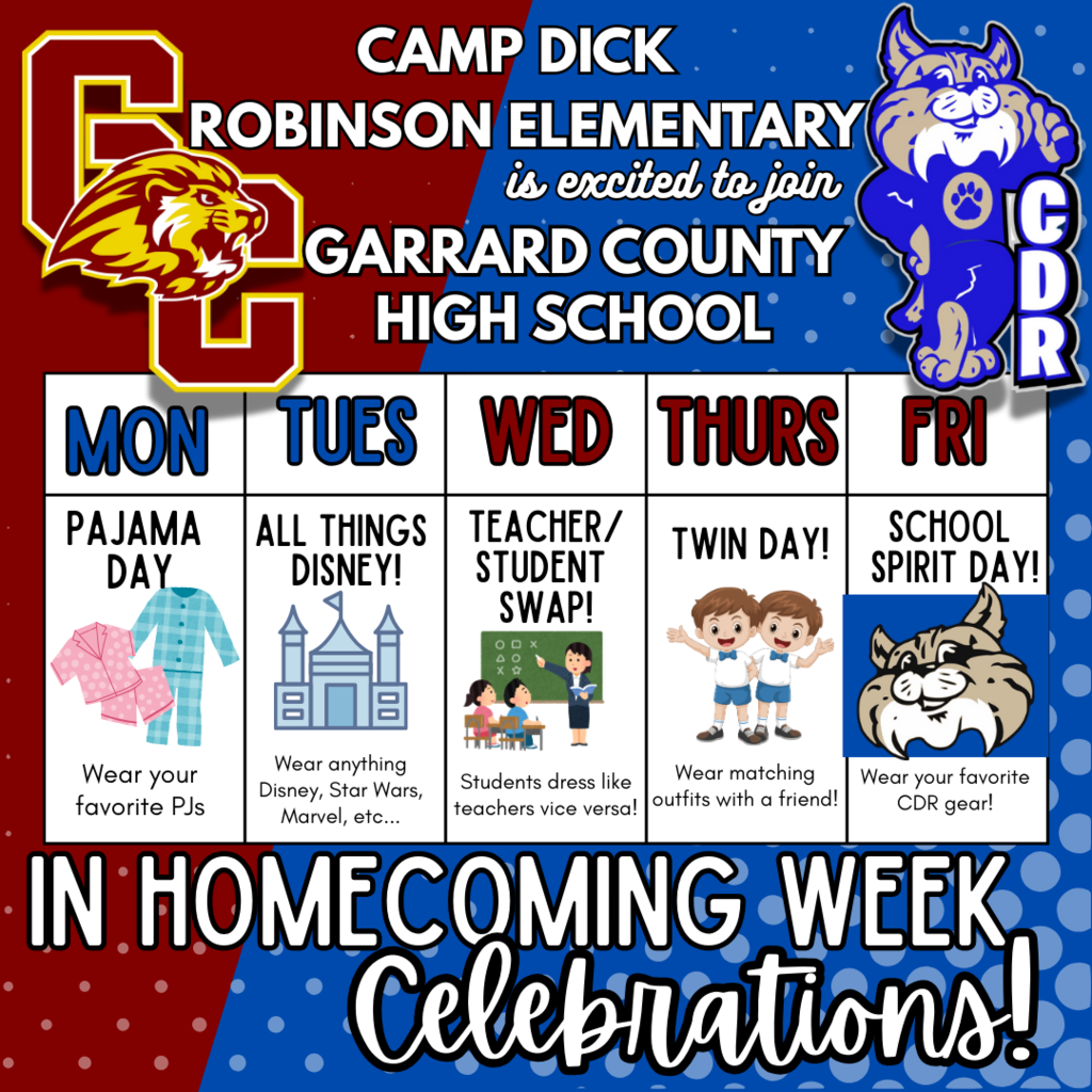 [REMINDER] [This Week] September 29th - October 3rd CDR is excited to join GCHS in Homecoming Week celebrations!  Next Week we will take part in the High Schools dress up days to get everyone excited for Friday night's Homecoming Football Game! 