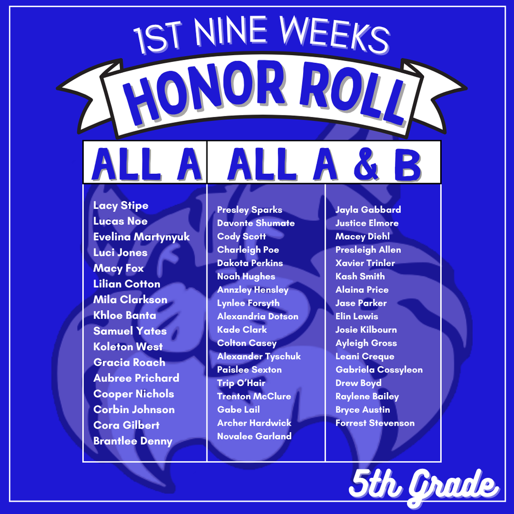 Congratulations  to all of our hard working bobcats that received  All A [or] All A/B honor roll for the first nine weeks! We are so proud of you! Keep up the awesome work! 