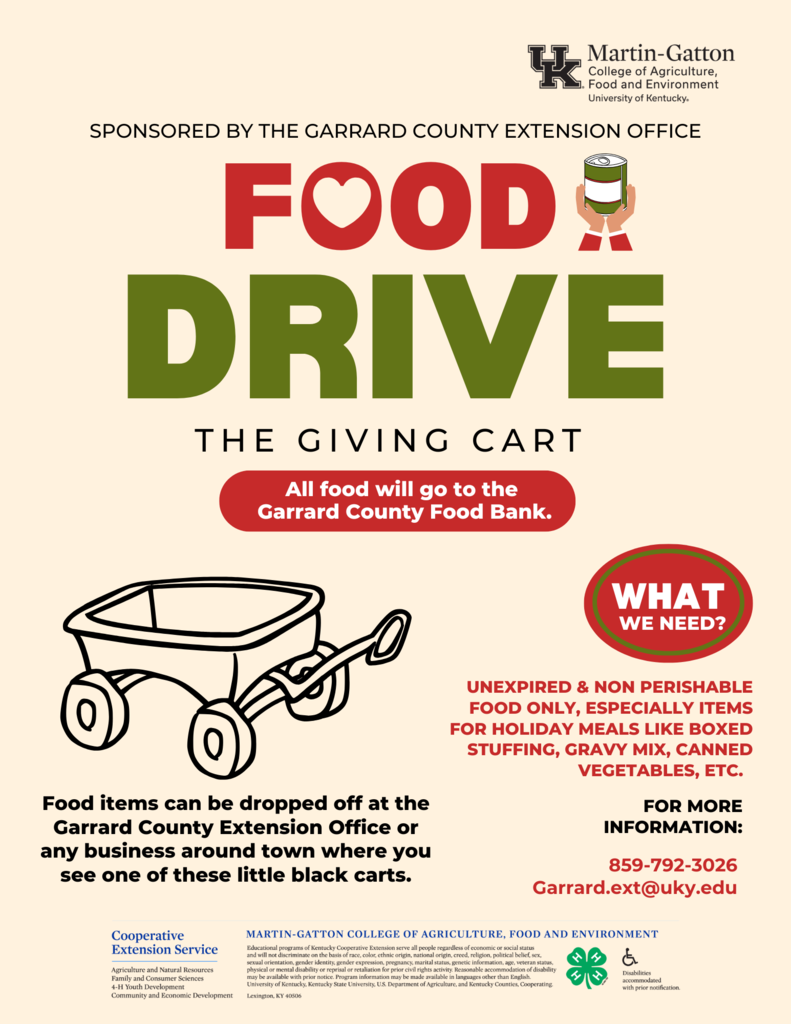 Happy November CDR!  We are partnering with the UK Extension Office for a Food Drive November 10th - December 5th. This is a competition! The class with the most items donated will win a class pizza party the week of December 15th - 19th.