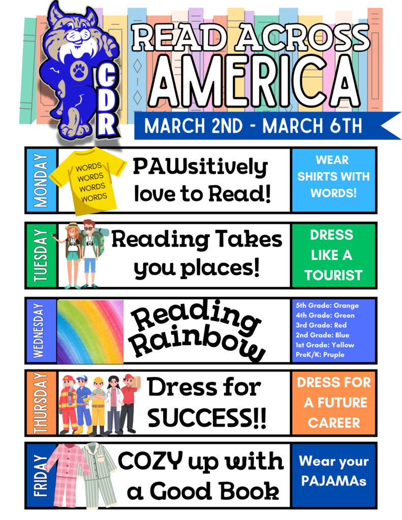 [MARK YOUR CALENDAR] Read Across America Week is next week March 2nd - 6th.   It’s time to celebrate the joy of reading! Join us for Read Across America Week at CDR! We can’t wait to see our students show their school spirit by participating in our fun dress-up days all week long!
