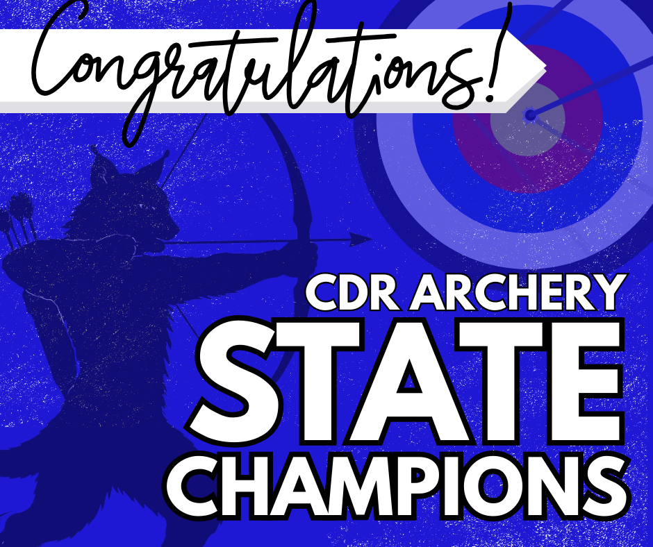 [STATE CHAMPIONS!!]  CDR brought home 1st PLACE in the state archery tournament last weekend, and we are beyond proud of our AMAZING Bobcats! Your hard work, dedication, and determination truly paid off—what an incredible accomplishment!  Join us Friday, March 20th at 2:00 PM as we celebrate our team with a parade from CDR to the town square! The bus will travel southbound on 27 (leaving the school at 2:00 pm), escorted by police and fire trucks. Parents if you are able -wave your signs or honk those horns to show your support!   When the team returns, our entire school will line the hallways to congratulate them!   [Students] Wear your blue or CDR gear to show that Bobcat pride!  Way to go, Bobcats—we are SO proud of you!! 🐾